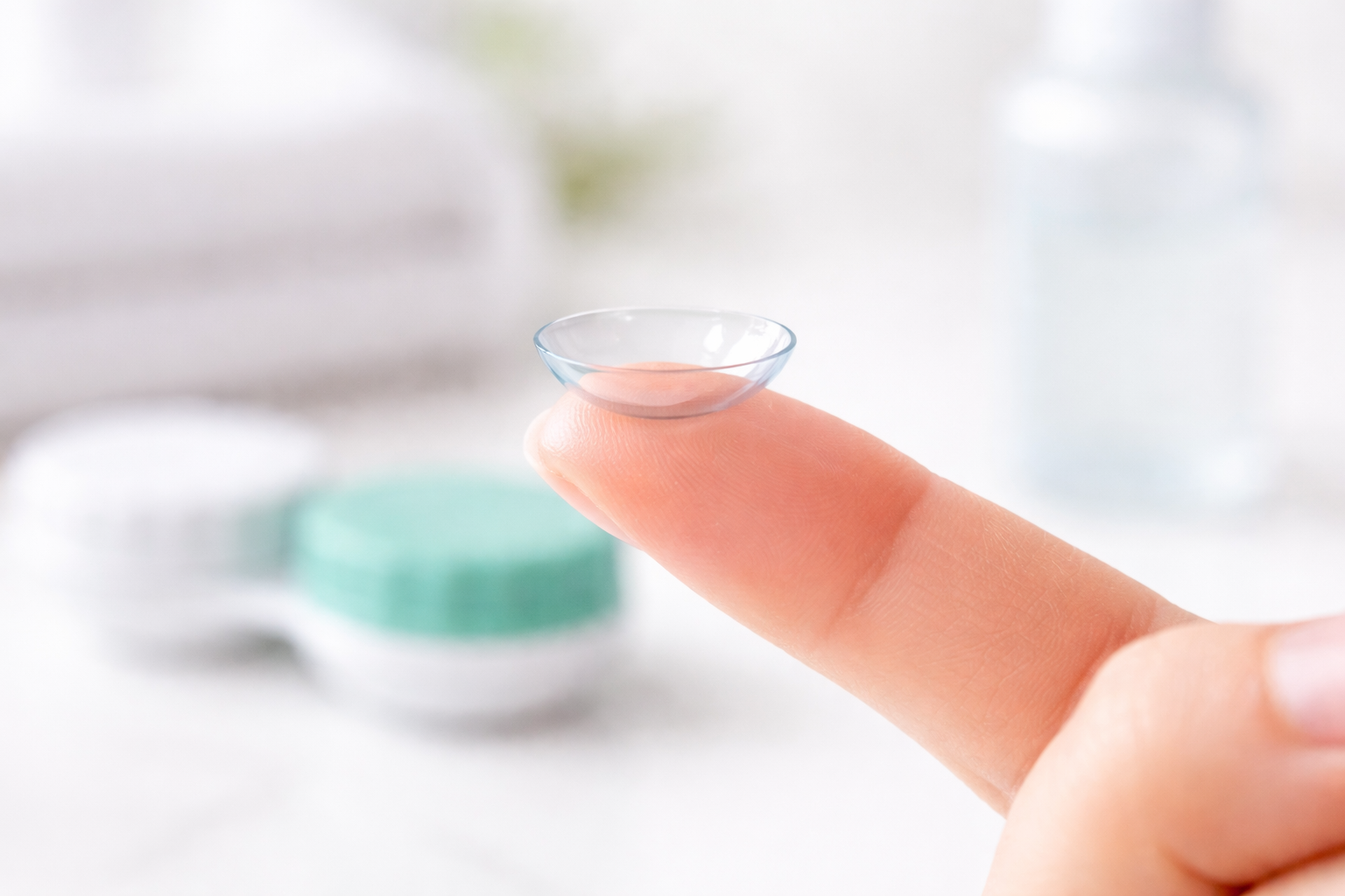 Contact lens balanced on a fingertip with lens case in background