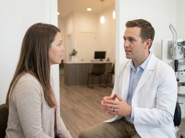 Doctor consulting with a patient about an urgent eye concern