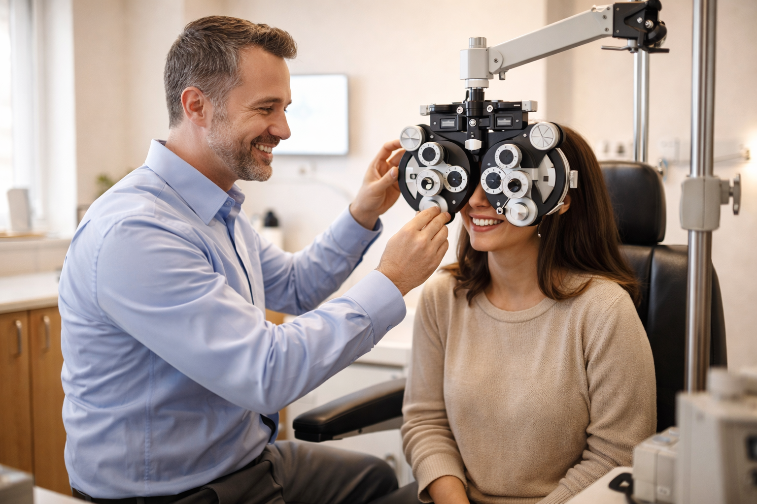 Optometrist performing a phoropter refraction exam on a smiling patient